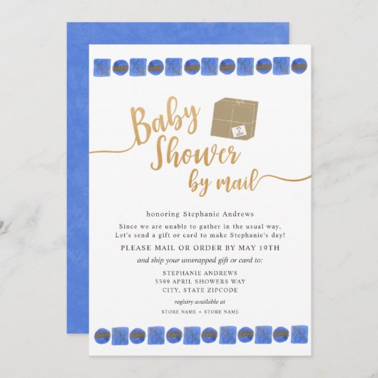 Blue Gold Boy Baby shower per post Kaart (Voorkant / Achterkant)