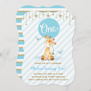 Blue Gold Boy Giraffe First Birthday Twinkle Star Kaart
