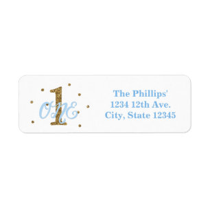 Blue & Gold Boys One 1st Birthday Party Invitation Etiket