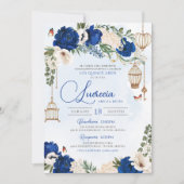 Blue Gold Butterfly Floral Elegant Quinceañera Kaart (Voorkant)
