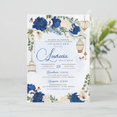 Blue Gold Butterfly Floral Elegant Quinceañera Kaart (Staand voorkant)
