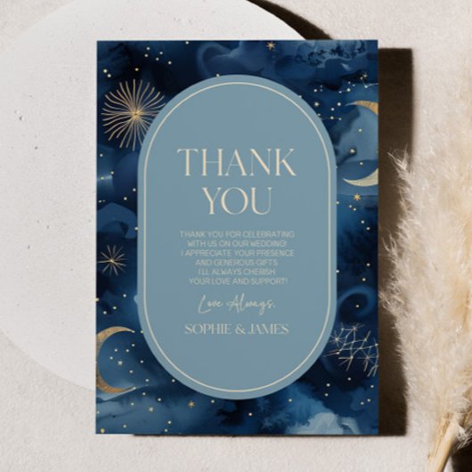 Blue Gold Celestial Elegant Starry Sky Wedding Bedankkaart