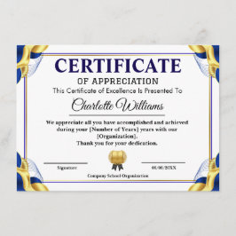 Blue Gold Certificate of Appreciation Template Informatiekaartje