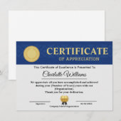 Blue Gold Certificate of Appreciation Template Informatiekaartje (Voorkant / Achterkant)