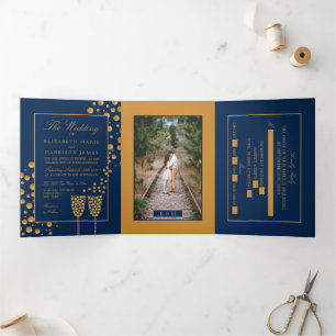 Blue & Gold Champagne Bubbles, Wedding Suite Drieluik Uitnodiging