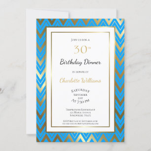 Blue Gold Chevron 30th Birthday Dinner Party Kaart