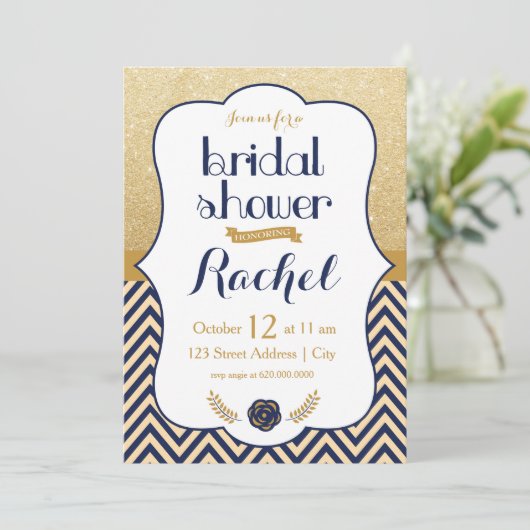 Blue Gold Chevron - Bridal Shower-uitnodiging Kaart (Staand voorkant)