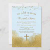 Blue Gold Confetti Baptême Invitation Garçon
