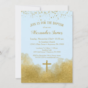 Blue Gold Confetti Baptême Invitation Garçon