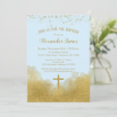 Blue Gold Confetti Baptism Invitation Boy Kaart (Staand voorkant)