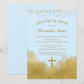 Blue Gold Confetti Baptism Invitation Boy Kaart (Voorkant / Achterkant)