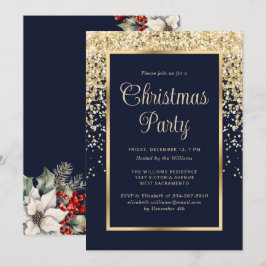 Blue Gold Confetti Botanical Christmas Party Kaart