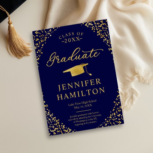 Blue Gold Confetti Faire-part de graduation photo