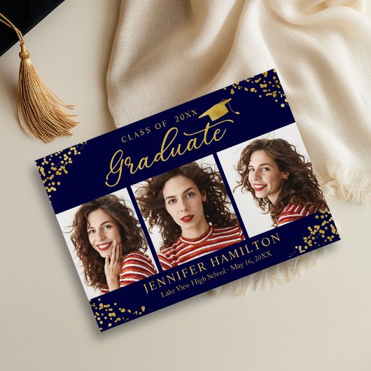 Blue Gold Confetti Faire-part de graduation photo