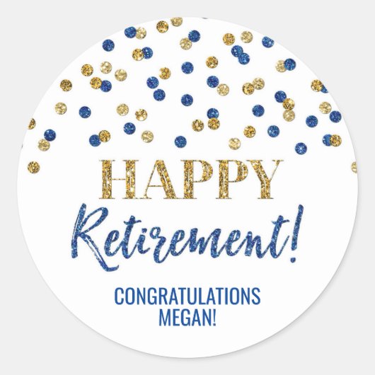 Blue Gold Confetti Happy Retirement Ronde Sticker (Voorkant)