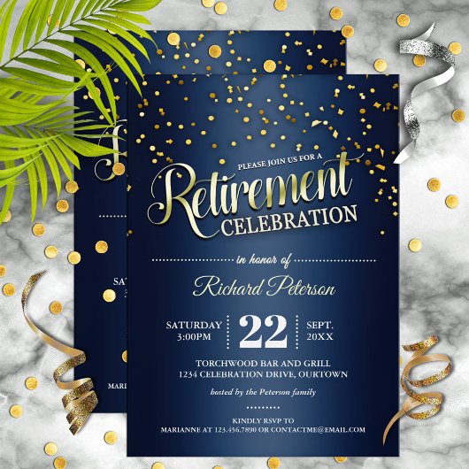 Blue|Gold Confetti Retraite Party Invitations