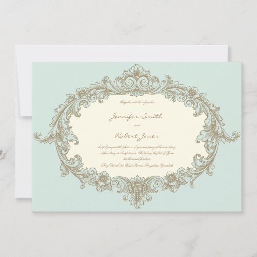 Blue Gold Cream Lijst bruiloft uitnodiging (Voorkant)