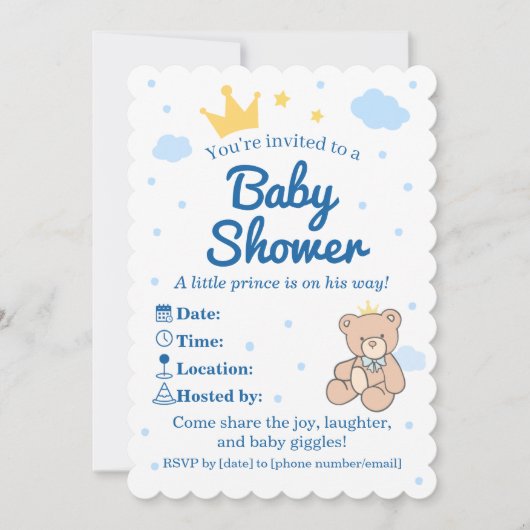Blue & Gold Crown Baby Shower Invitation for Boy (Devant)