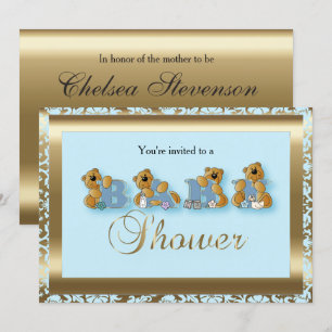 Blue & Gold Damask met Teddy Bear   BABY SHOWER Kaart