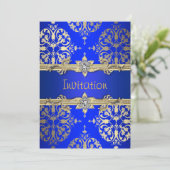 Blue Gold Damask Royal Blue Party Faire-part (Debout devant)