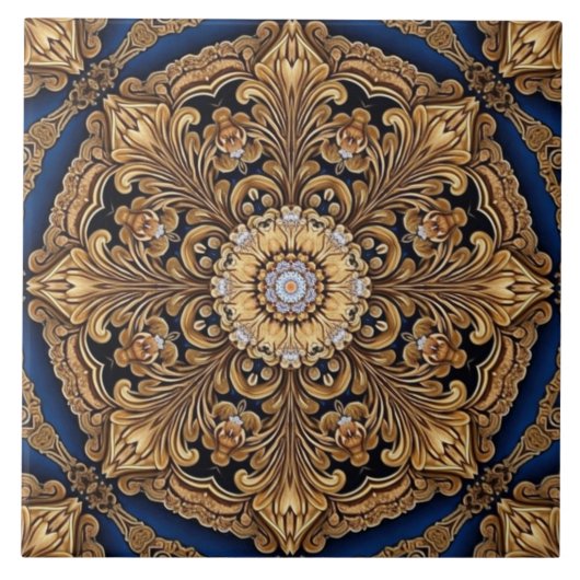 Blue Gold Decorative Ceramic Tile Tegeltje (Voorkant)