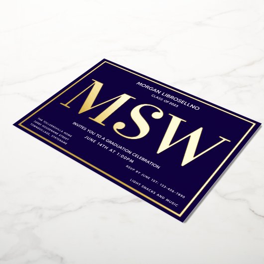 Blue Gold Degree MSW Afstuderen Folie Uitnodiging (Gedraaid)