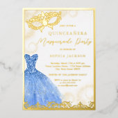 Blue Gold Dress Masquerade Party Quinceanera Folie Uitnodiging (Voorkant)