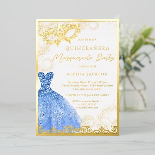 Blue Gold Dress Masquerade Party Quinceanera Folie Uitnodiging (Staand Voorkant)