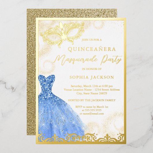 Blue Gold Dress Masquerade Party Quinceanera Folie Uitnodiging (Voorkant / Achterkant)