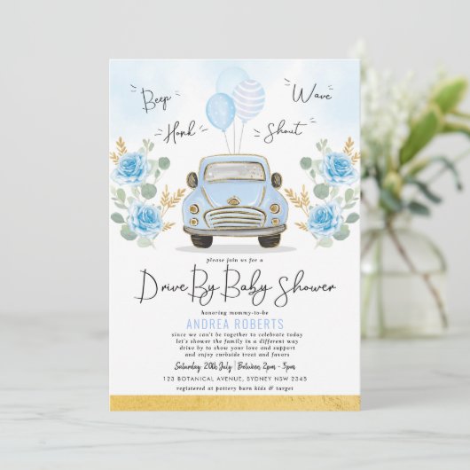 Blue Gold Drive met Baby shower Greenery Retro Car Kaart (Staand voorkant)