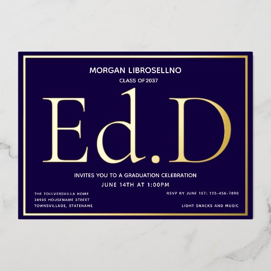 Blue Gold Ed.D Afstuderen Folie Uitnodiging (Voorkant)