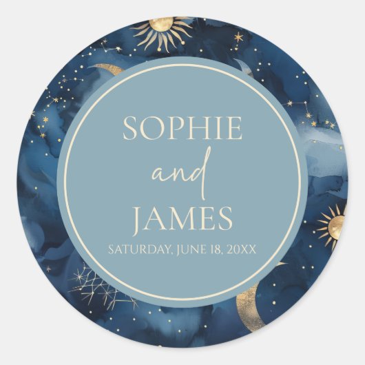 Blue Gold Elegant Celestial Starry Sky Wedding Ronde Sticker (Voorkant)