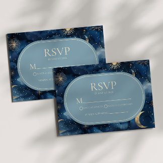 Blue Gold Elegant Celestial Starry Sky Wedding RSVP Kaartje