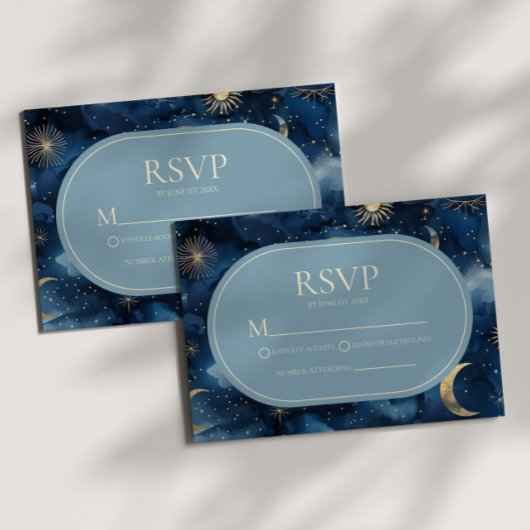 Blue Gold Elegant Celestial Starry Sky Wedding RSVP Kaartje