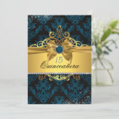 Blue Gold Elegant Damask Quinceanera Invitation (Debout devant)