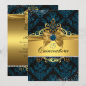 Blue Gold Elegant Damask Quinceanera Invitation (Devant / Derrière)