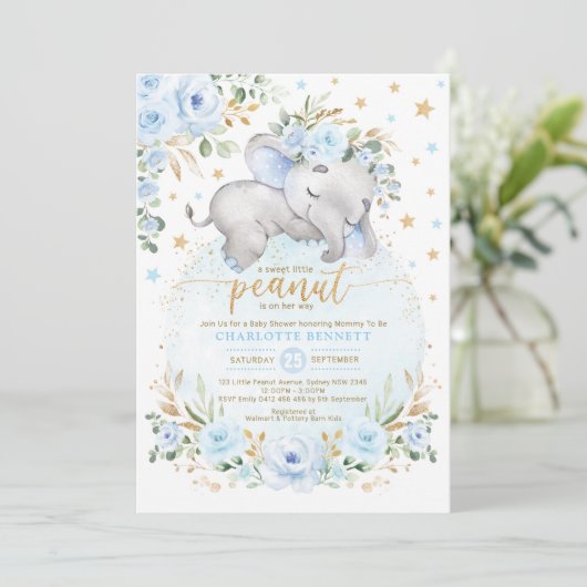 Blue Gold Elephant Floral Moon Stars Baby shower Kaart (Staand voorkant)