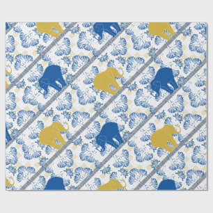 Blue Gold Elephant Floral Safari Oerwoud Pattern Cadeaupapier