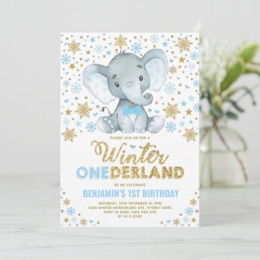 Blue Gold Elephant Winter ONEderland Snowflake Kaart (Staand voorkant)