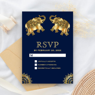 Blue Gold Ethnic Elephanes Indian RSVP