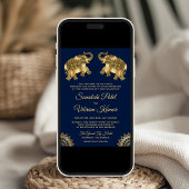 Blue Gold Ethnic Elephants Indian Wedding Invite Kaart