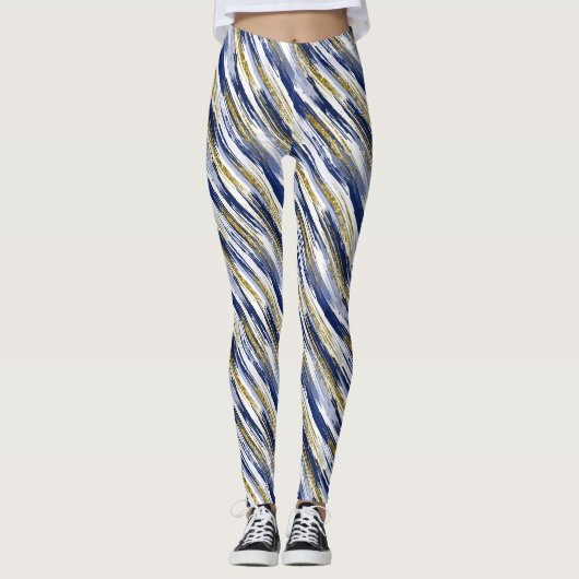 Blue Gold Faux Glitter Modern Abstract Leggings (Voorkant)