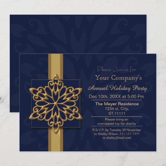 Blue Gold Festive Entreprise fête Invitation (Devant / Derrière)