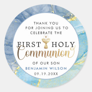  Blue & Gold First Heilige Communie Hartelijk dank Ronde Sticker