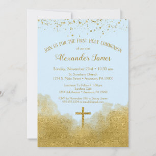 Blue Gold First Holy Communion Invitation garçon