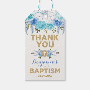 Blue Gold Floral Dreamweaver Baptism Christening Cadeaulabel