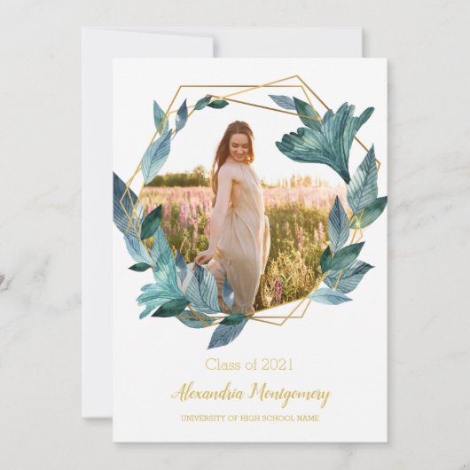 Blue Gold Floral Photo Graduation Party Invitation (Devant)