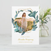 Blue Gold Floral Photo Graduation Party Invitation (Debout devant)