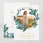 Blue Gold Floral Photo Graduation Party Invitation (Devant / Derrière)