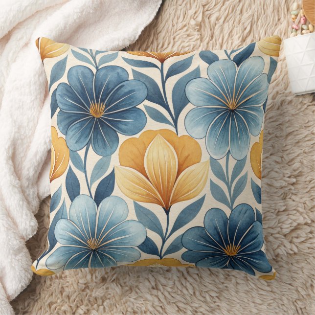 Blue & Gold Floral Throw Pillow Kussen (Deken)